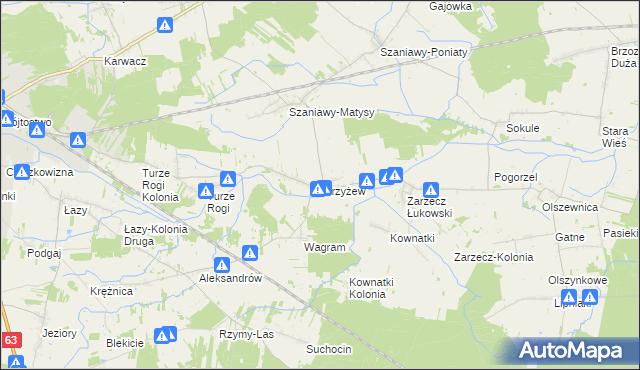 mapa Strzyżew gmina Łuków, Strzyżew gmina Łuków na mapie Targeo