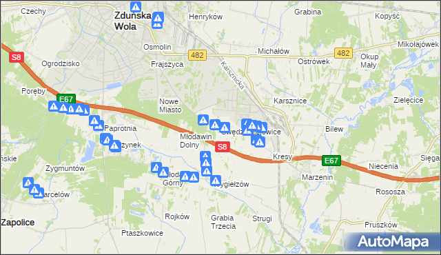 mapa Swędzieniejewice, Swędzieniejewice na mapie Targeo