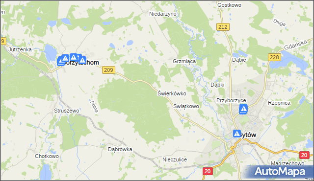 mapa Świerkówko gmina Bytów, Świerkówko gmina Bytów na mapie Targeo