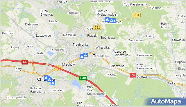 mapa Trzebinia powiat chrzanowski, Trzebinia powiat chrzanowski na mapie Targeo