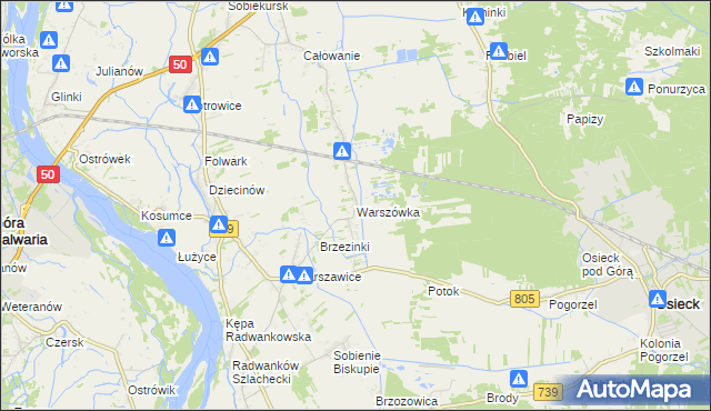 mapa Warszówka gmina Sobienie-Jeziory, Warszówka gmina Sobienie-Jeziory na mapie Targeo