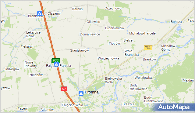 mapa Wojciechówka gmina Promna, Wojciechówka gmina Promna na mapie Targeo