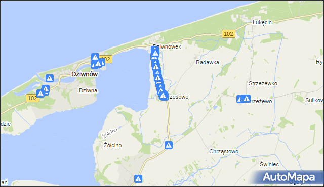 mapa Wrzosowo gmina Kamień Pomorski, Wrzosowo gmina Kamień Pomorski na mapie Targeo