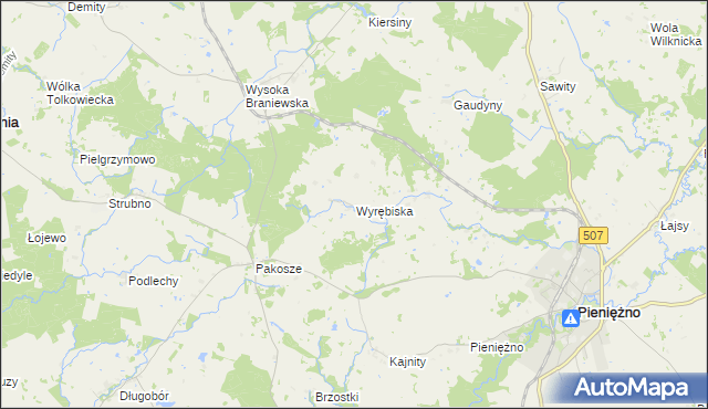 mapa Wyrębiska gmina Pieniężno, Wyrębiska gmina Pieniężno na mapie Targeo