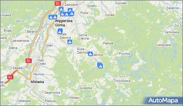 mapa Żabnica gmina Węgierska Górka, Żabnica gmina Węgierska Górka na mapie Targeo
