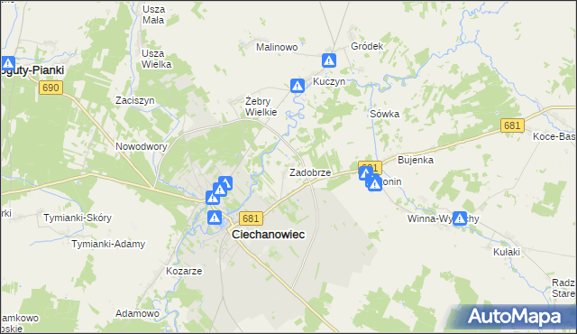 mapa Zadobrze gmina Ciechanowiec, Zadobrze gmina Ciechanowiec na mapie Targeo