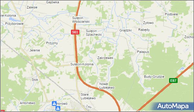 mapa Zakrzewek gmina Ostrów Mazowiecka, Zakrzewek gmina Ostrów Mazowiecka na mapie Targeo