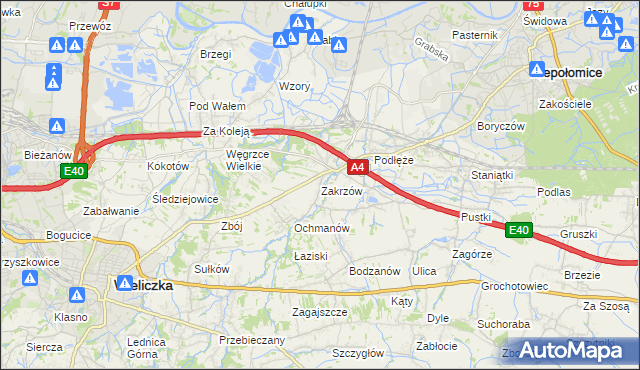 mapa Zakrzów gmina Niepołomice, Zakrzów gmina Niepołomice na mapie Targeo