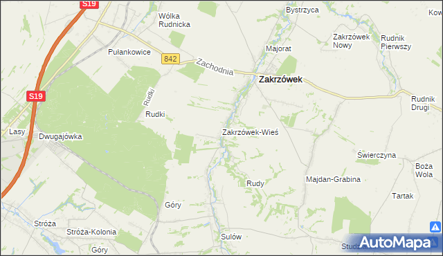 mapa Zakrzówek-Wieś gmina Zakrzówek, Zakrzówek-Wieś gmina Zakrzówek na mapie Targeo