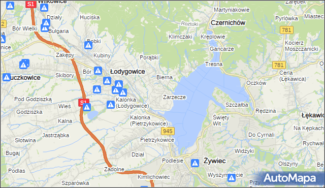 mapa Zarzecze gmina Łodygowice, Zarzecze gmina Łodygowice na mapie Targeo