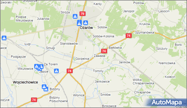 mapa Zawada gmina Ożarów, Zawada gmina Ożarów na mapie Targeo