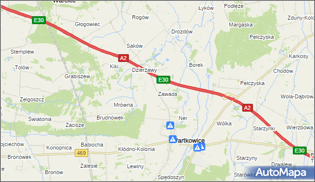 mapa Zawada gmina Wartkowice, Zawada gmina Wartkowice na mapie Targeo