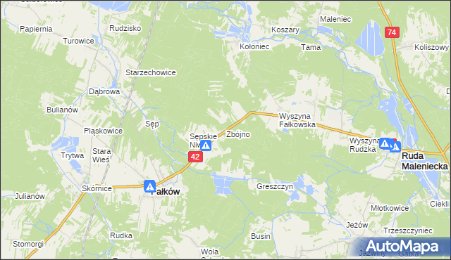 mapa Zbójno gmina Fałków, Zbójno gmina Fałków na mapie Targeo