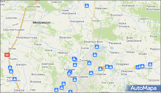 mapa Żuków gmina Sochaczew, Żuków gmina Sochaczew na mapie Targeo