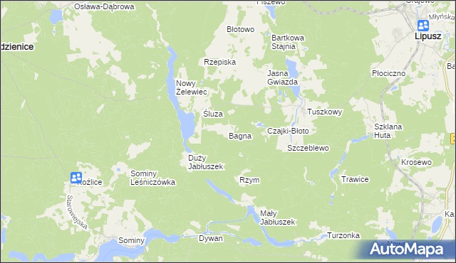 mapa Bagna gmina Lipusz, Bagna gmina Lipusz na mapie Targeo