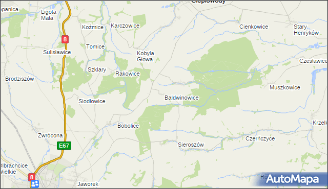 mapa Baldwinowice gmina Ciepłowody, Baldwinowice gmina Ciepłowody na mapie Targeo