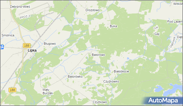 mapa Batorowo gmina Lipka, Batorowo gmina Lipka na mapie Targeo