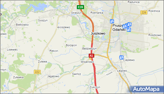 mapa Będzieszyn gmina Pruszcz Gdański, Będzieszyn gmina Pruszcz Gdański na mapie Targeo