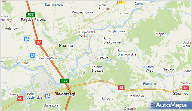 mapa Brzeźce gmina Białobrzegi, Brzeźce gmina Białobrzegi na mapie Targeo
