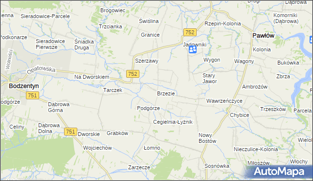 mapa Brzezie gmina Pawłów, Brzezie gmina Pawłów na mapie Targeo