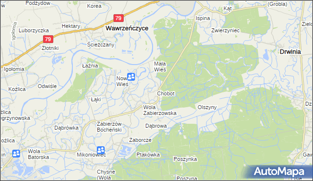 mapa Chobot gmina Niepołomice, Chobot gmina Niepołomice na mapie Targeo