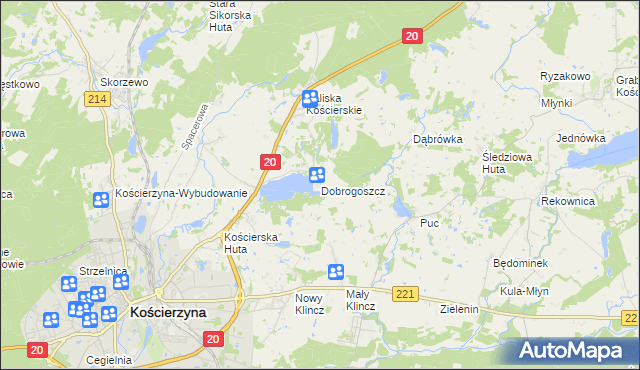 mapa Dobrogoszcz gmina Kościerzyna, Dobrogoszcz gmina Kościerzyna na mapie Targeo