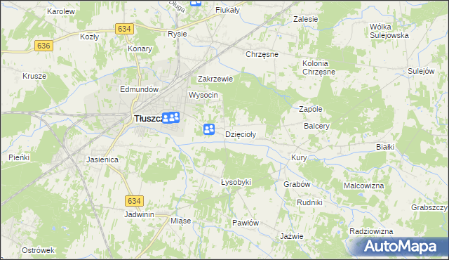 mapa Dzięcioły gmina Tłuszcz, Dzięcioły gmina Tłuszcz na mapie Targeo