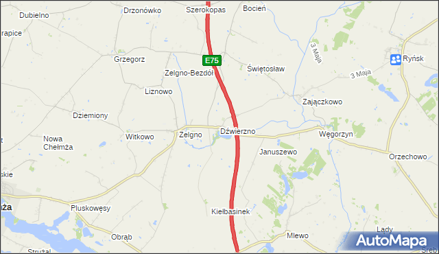 mapa Dźwierzno gmina Chełmża, Dźwierzno gmina Chełmża na mapie Targeo