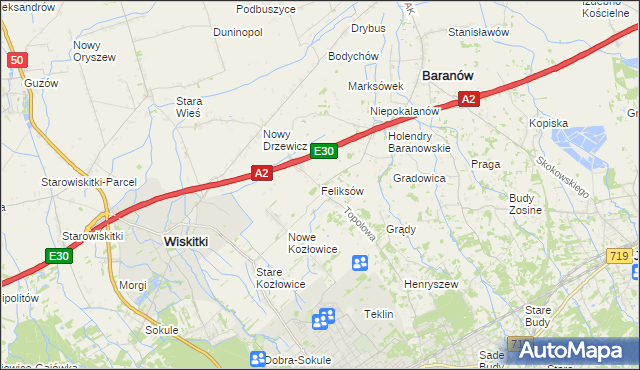 mapa Feliksów gmina Wiskitki, Feliksów gmina Wiskitki na mapie Targeo