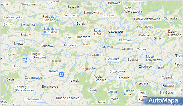 mapa Grabie gmina Łapanów, Grabie gmina Łapanów na mapie Targeo