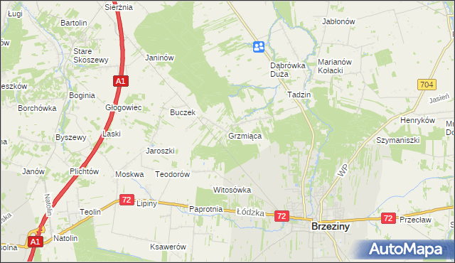 mapa Grzmiąca gmina Brzeziny, Grzmiąca gmina Brzeziny na mapie Targeo