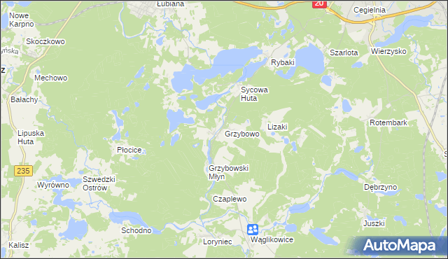 mapa Grzybowo gmina Kościerzyna, Grzybowo gmina Kościerzyna na mapie Targeo