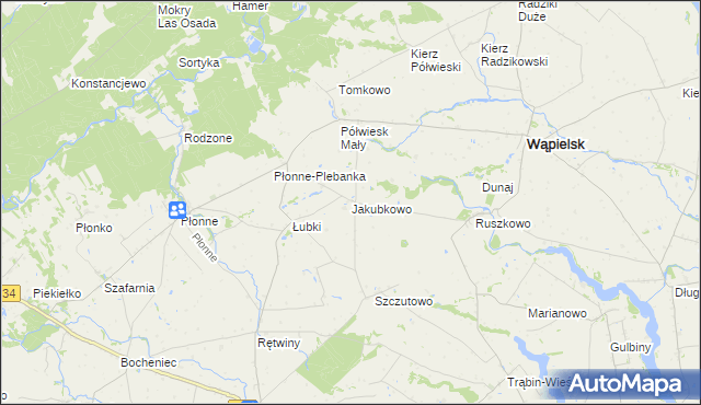 mapa Jakubkowo gmina Radomin, Jakubkowo gmina Radomin na mapie Targeo