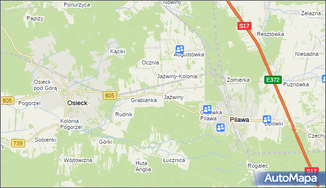 mapa Jaźwiny gmina Pilawa, Jaźwiny gmina Pilawa na mapie Targeo