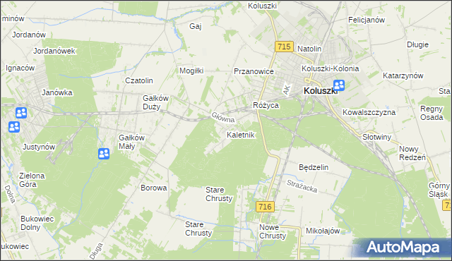 mapa Kaletnik gmina Koluszki, Kaletnik gmina Koluszki na mapie Targeo