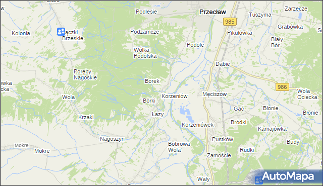 mapa Korzeniów gmina Żyraków, Korzeniów gmina Żyraków na mapie Targeo