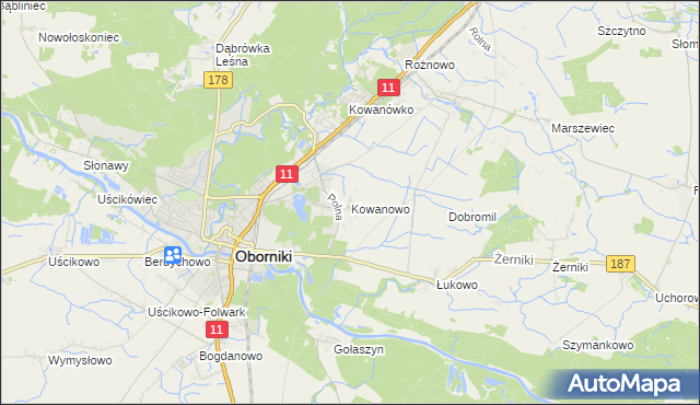 mapa Kowanowo gmina Oborniki, Kowanowo gmina Oborniki na mapie Targeo