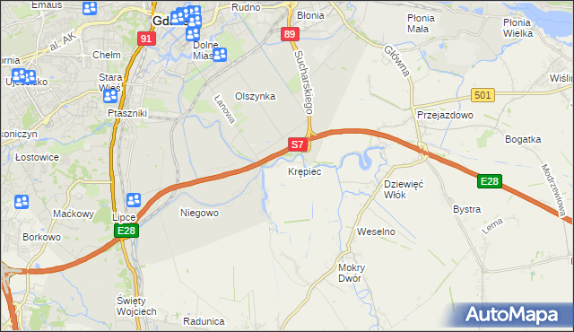 mapa Krępiec gmina Pruszcz Gdański, Krępiec gmina Pruszcz Gdański na mapie Targeo