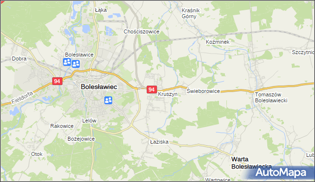 mapa Kruszyn gmina Bolesławiec, Kruszyn gmina Bolesławiec na mapie Targeo