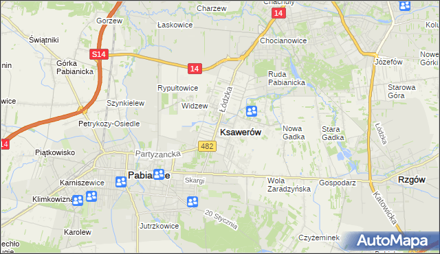 mapa Ksawerów powiat pabianicki, Ksawerów powiat pabianicki na mapie Targeo
