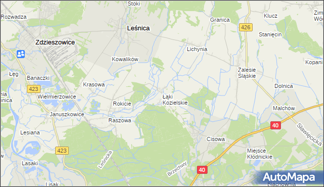 mapa Łąki Kozielskie, Łąki Kozielskie na mapie Targeo