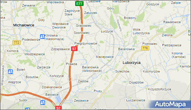 mapa Maciejowice gmina Kocmyrzów-Luborzyca, Maciejowice gmina Kocmyrzów-Luborzyca na mapie Targeo