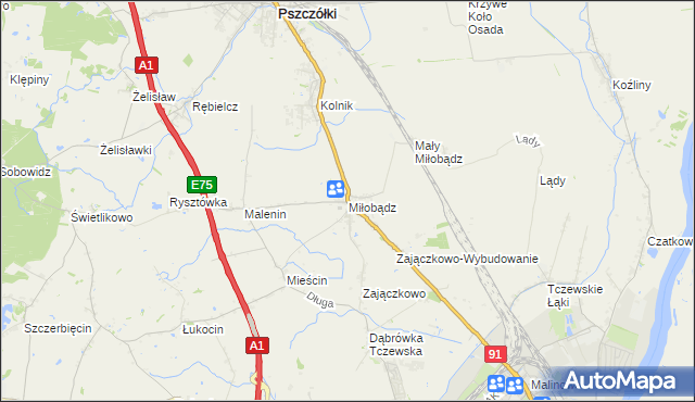 mapa Miłobądz gmina Tczew, Miłobądz gmina Tczew na mapie Targeo