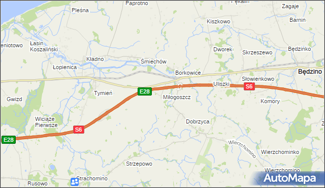 mapa Miłogoszcz gmina Będzino, Miłogoszcz gmina Będzino na mapie Targeo