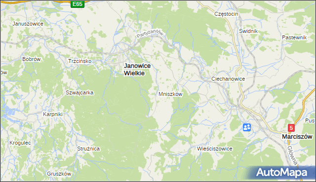 mapa Mniszków gmina Janowice Wielkie, Mniszków gmina Janowice Wielkie na mapie Targeo