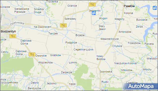 mapa Modrzewie gmina Pawłów, Modrzewie gmina Pawłów na mapie Targeo