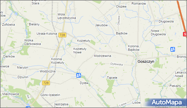 mapa Modrzewina gmina Goszczyn, Modrzewina gmina Goszczyn na mapie Targeo