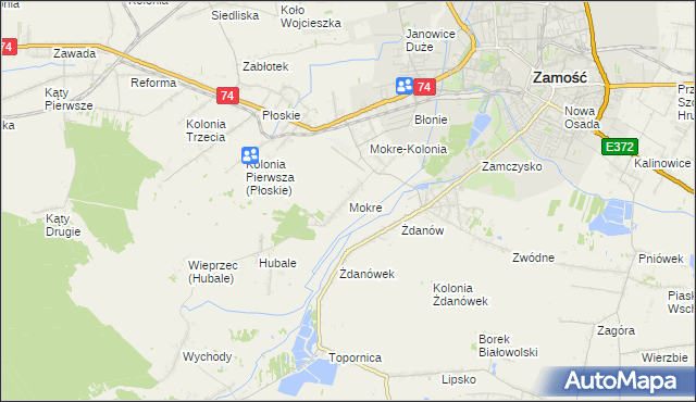 mapa Mokre gmina Zamość, Mokre gmina Zamość na mapie Targeo