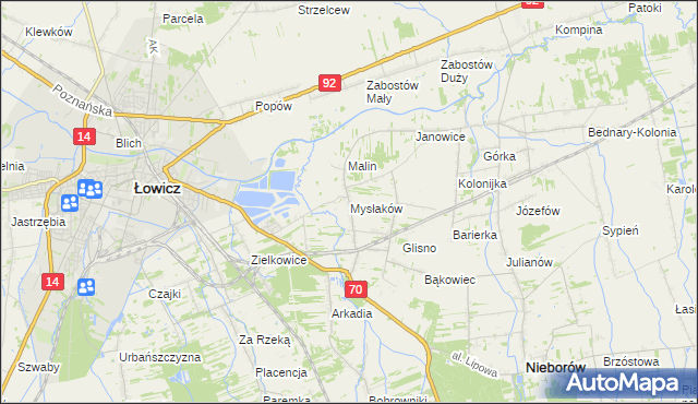 mapa Mysłaków gmina Nieborów, Mysłaków gmina Nieborów na mapie Targeo