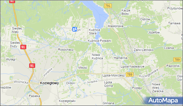 mapa Nowa Kuźnica gmina Koziegłowy, Nowa Kuźnica gmina Koziegłowy na mapie Targeo
